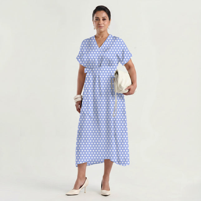 Powder Periwinkle Polka Dot Print Fabric made up as a dress, design 20407, Clothwala