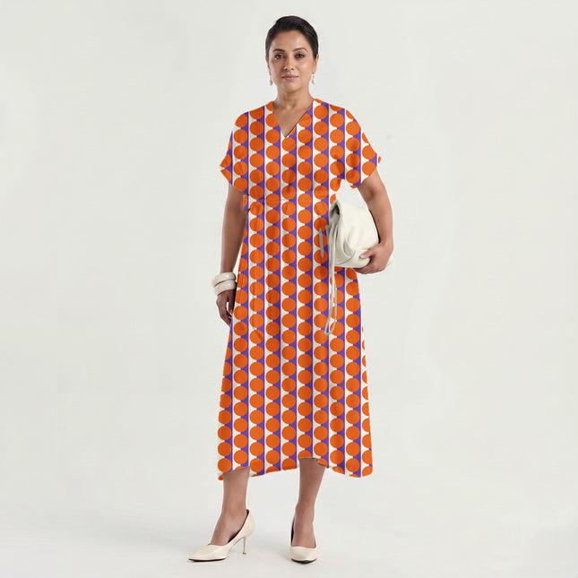 Purple & Orange Dot Stripe Print Fabric made up as a dress, design 20509, Clothwala