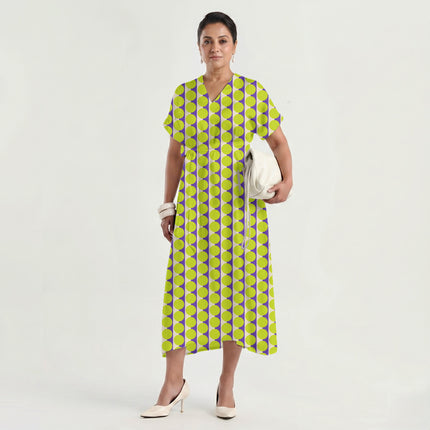 Purple Sand & Lime Glow Dot Stripe Print Fabric made up as a dress, design 20523, Clothwala