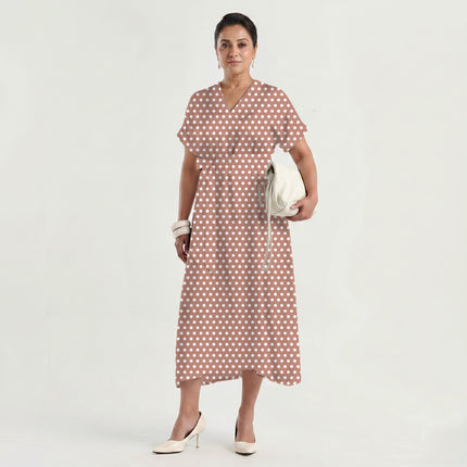 Rose Clay Polka Dot Print Fabric made up as a dress, design 20428, Clothwala