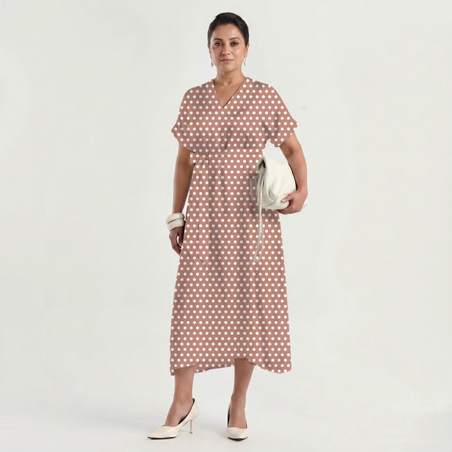 Rose Clay Polka Dot Print Fabric made up as a dress, design 20428, Clothwala