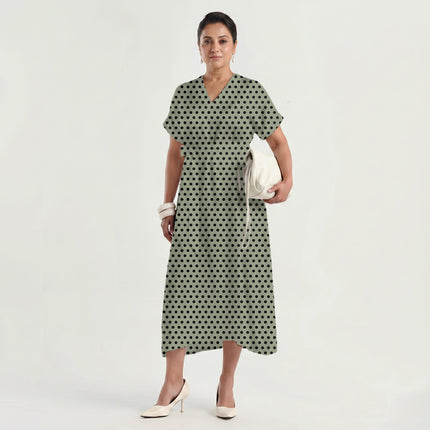 Sage Angora Black Polka Dot Print Fabric made up as a dress, design 20473, Clothwala