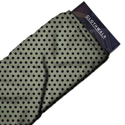Sage Angora Black Polka Dot Print Fabric — 2026 polka dot trend fabric, design 20473, Clothwala