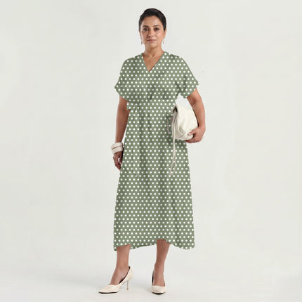 Sage Green Polka Dot Print Fabric made up as a dress, design 20437, Clothwala