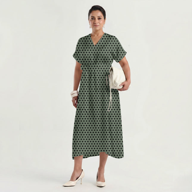 Shale Green Black Polka Dot Print Fabric made up as a dress, design 20472, Clothwala