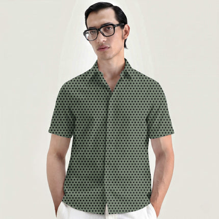 Shale Green Black Polka Dot Print Fabric for men's shirting, design 20472, Clothwala