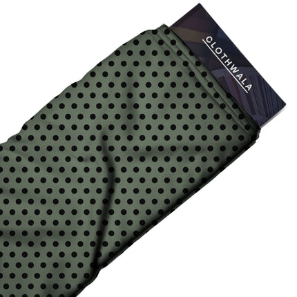 Shale Green Black Polka Dot Print Fabric — 2026 polka dot trend fabric, design 20472, Clothwala
