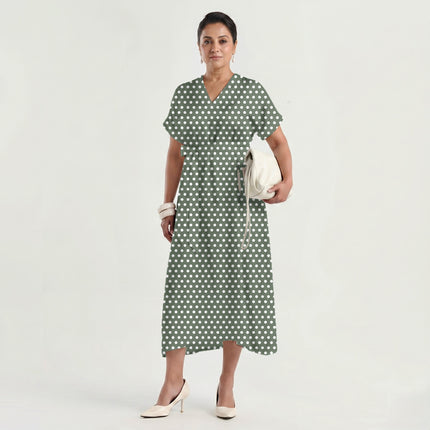 Shale Green Polka Dot Print Fabric made up as a dress, design 20443, Clothwala