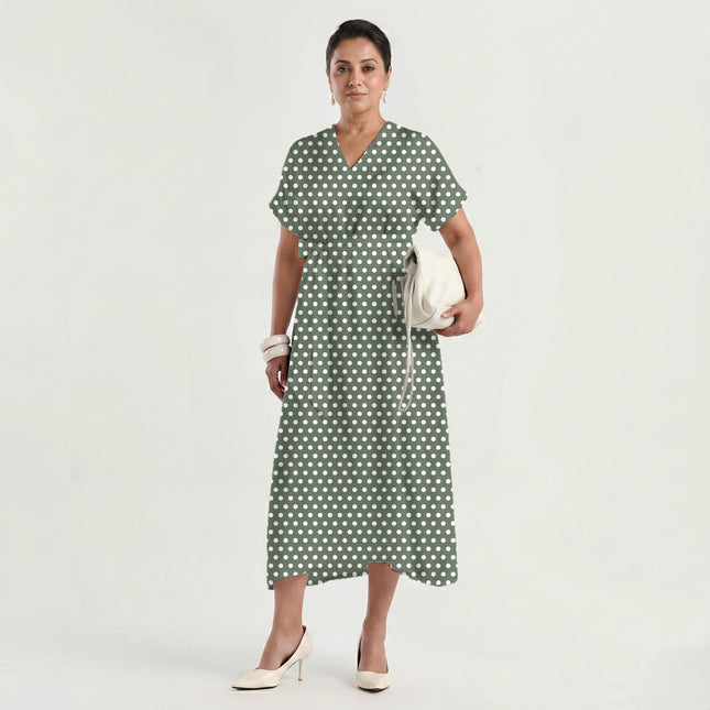 Shale Green Polka Dot Print Fabric made up as a dress, design 20443, Clothwala
