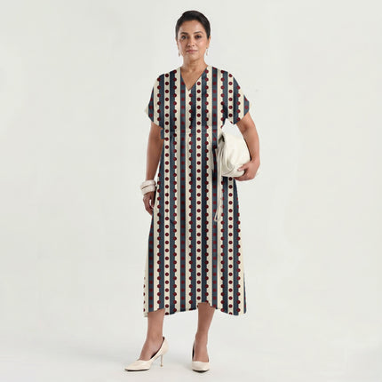 Slate & Oxblood Dot Stripe Print Fabric made up as a dress, design 20543, Clothwala