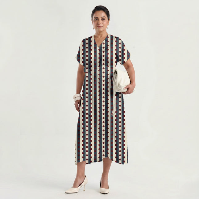 Slate & Oxblood Dot Stripe Print Fabric made up as a dress, design 20543, Clothwala