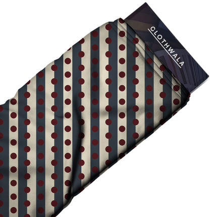 Slate & Oxblood Dot Stripe Print Fabric — 2026 polka dot trend fabric, design 20543, Clothwala