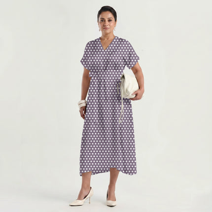 Smoke Mauve Polka Dot Print Fabric made up as a dress, design 20434, Clothwala