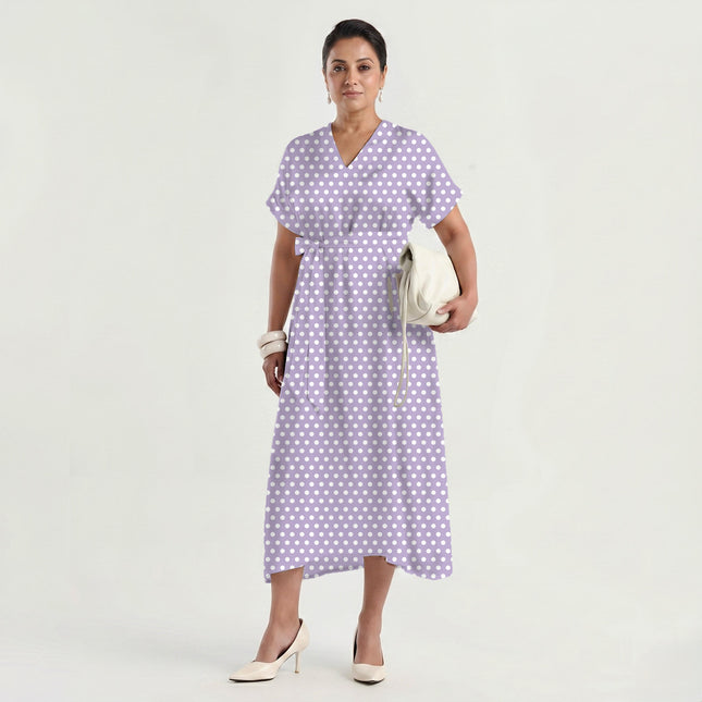 Soft Lavender Polka Dot Print Fabric made up as a dress, design 20432, Clothwala