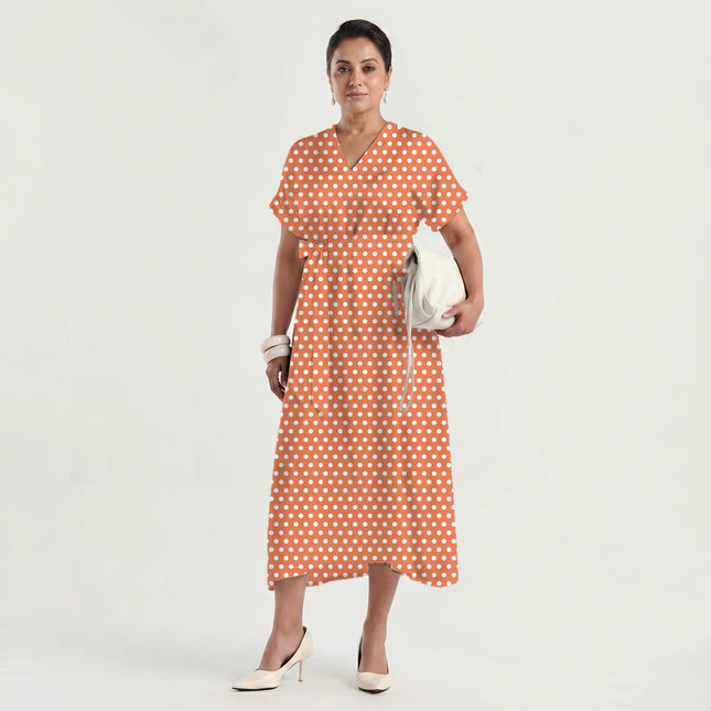 Soft Muskmelon Polka Dot Print Fabric made up as a dress, design 20413, Clothwala