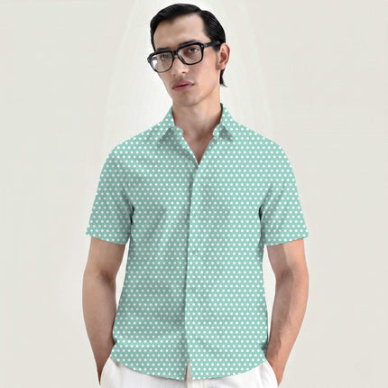 Soft Seafoam polka dot fabric for men's shirts — fine dot scale