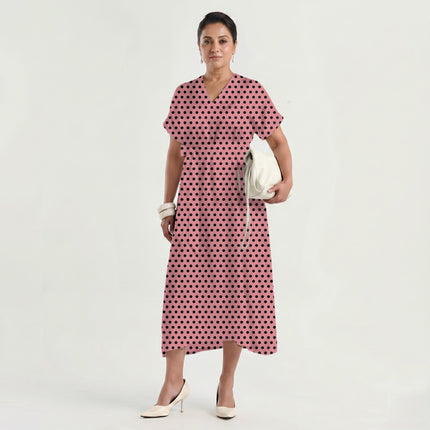 Tea Rose Black Polka Dot Print Fabric made up as a dress, design 20459, Clothwala