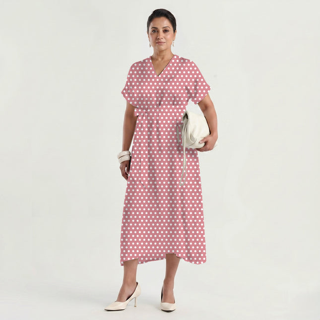 Tea Rose Polka Dot Print Fabric made up as a dress, design 20423, Clothwala