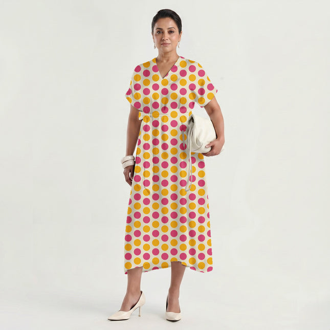 Teaberry & Ochre Gold Polka Dot Print Fabric made up as a dress, design 20497, Clothwala