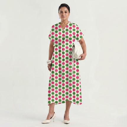 Teaberry & Meadowland Green Polka Dot Print Fabric made up as a dress, design 20485, Clothwala