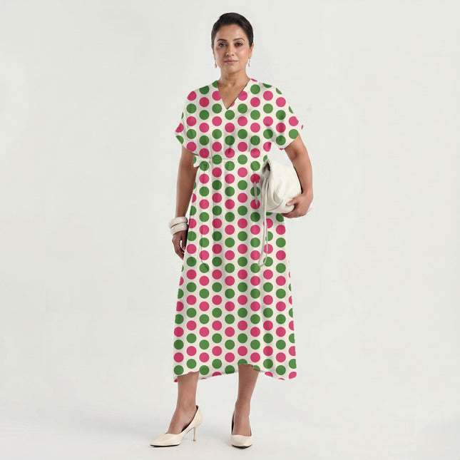 Teaberry & Meadowland Green Polka Dot Print Fabric made up as a dress, design 20485, Clothwala