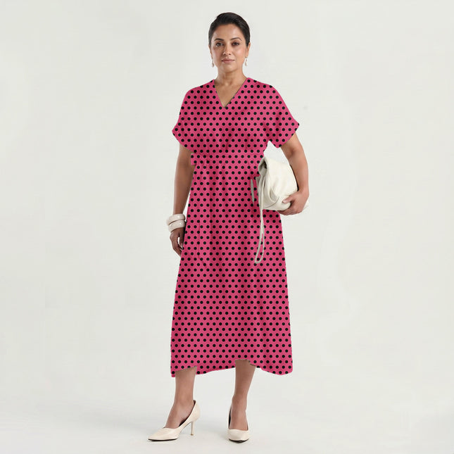 Teaberry Pink Black Polka Dot Print Fabric made up as a dress, design 20458, Clothwala