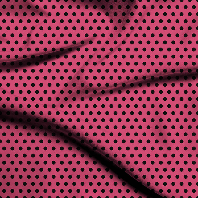 Teaberry Pink Black Polka Dot Print Fabric — flat fabric view, design 20458, Clothwala