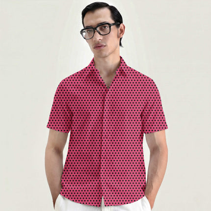 Teaberry Pink Black Polka Dot Print Fabric for men's shirting, design 20458, Clothwala