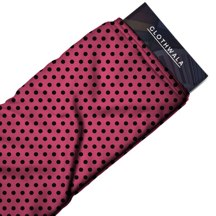 Teaberry Pink Black Polka Dot Print Fabric — 2026 polka dot trend fabric, design 20458, Clothwala
