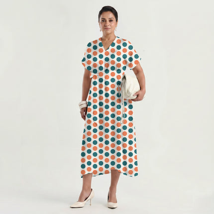 Teal & Soft Muskmelon Polka Dot Print Fabric made up as a dress, design 20477, Clothwala