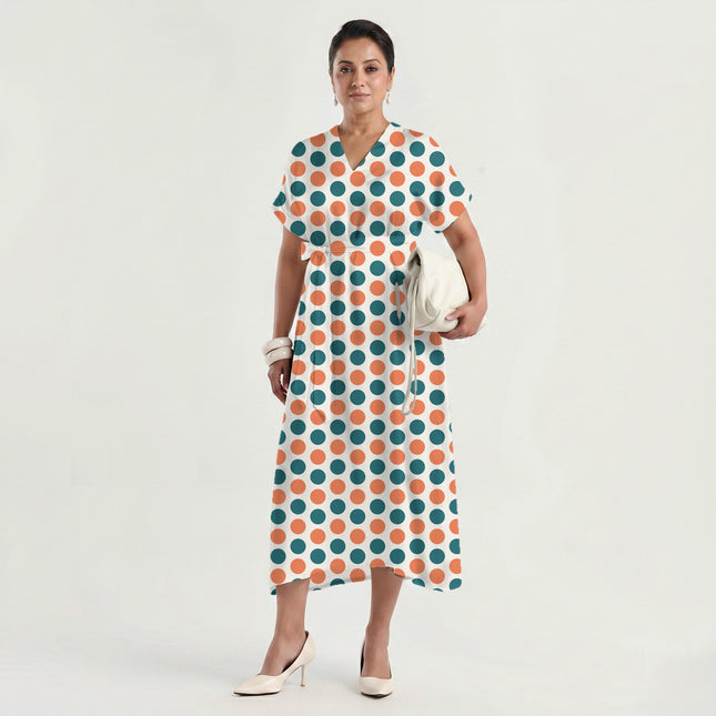 Teal & Soft Muskmelon Polka Dot Print Fabric made up as a dress, design 20477, Clothwala
