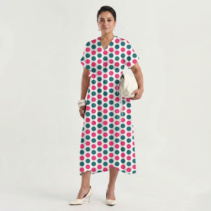 Teal & Pop Pink Polka Dot Print Fabric made up as a dress, design 20486, Clothwala