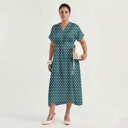 Teal Shadow Polka Dot Print Fabric made up as a dress, design 20408, Clothwala