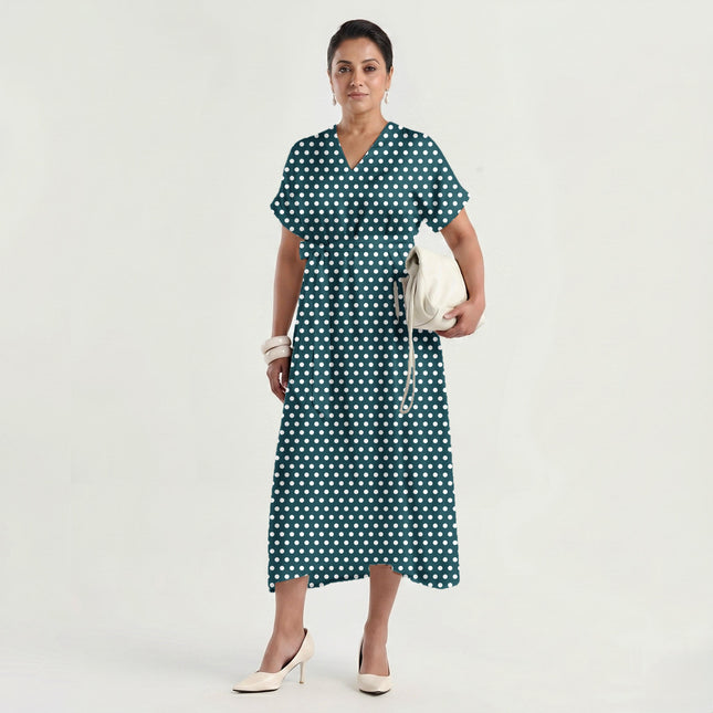 Teal Shadow Polka Dot Print Fabric made up as a dress, design 20408, Clothwala
