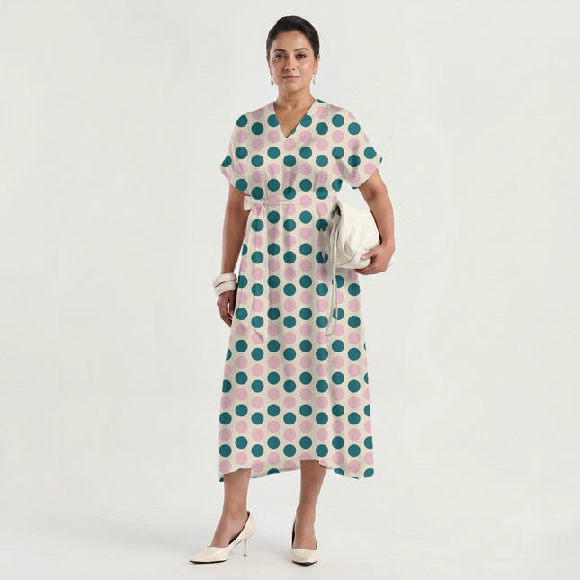 Teal & Tickled Pink Polka Dot Print Fabric made up as a dress, design 20494, Clothwala