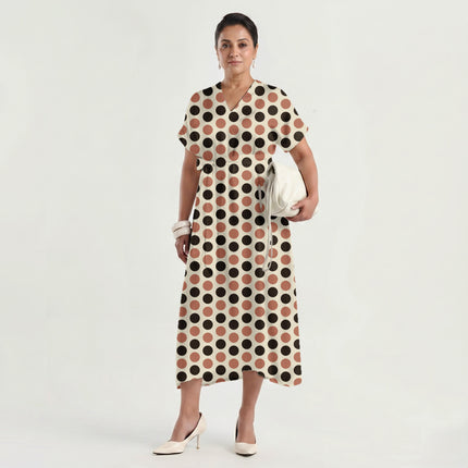 Terracotta & Chocolate Brown Polka Dot Print Fabric made up as a dress, design 20483, Clothwala