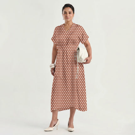 Terracotta Clay Polka Dot Print Fabric made up as a dress, design 20414, Clothwala