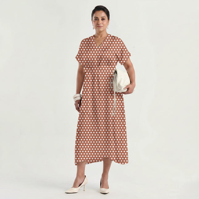 Terracotta Clay Polka Dot Print Fabric made up as a dress, design 20414, Clothwala