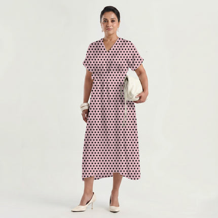 Tickled Pink Black Polka Dot Print Fabric made up as a dress, design 20461, Clothwala
