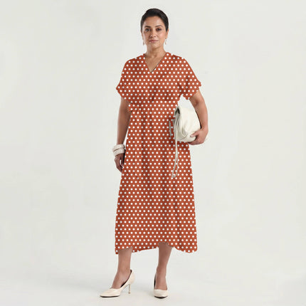 Warm Brick Polka Dot Print Fabric made up as a dress, design 20411, Clothwala