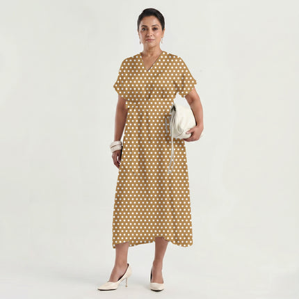 Warm Caramel Polka Dot Print Fabric made up as a dress, design 20447, Clothwala