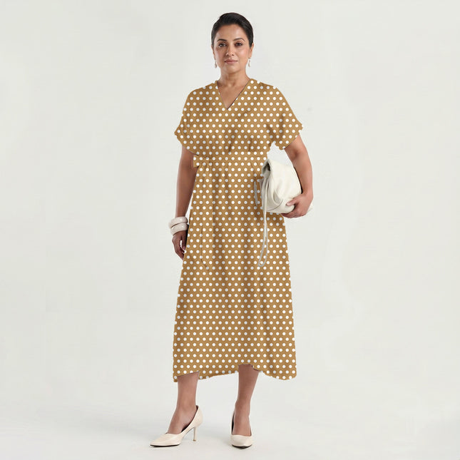 Warm Caramel Polka Dot Print Fabric made up as a dress, design 20447, Clothwala