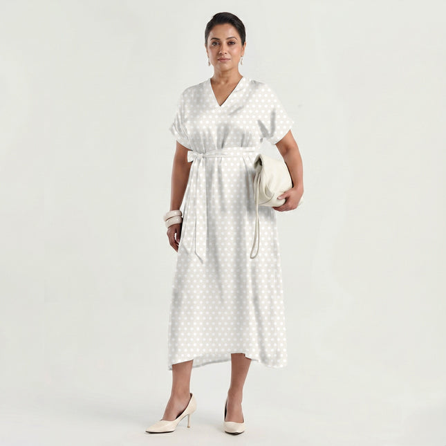 White Onyx Polka Dot Print Fabric made up as a dress, design 20445, Clothwala