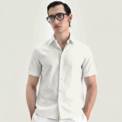 White Onyx Polka Dot Print Fabric for men's shirting, design 20445, Clothwala
