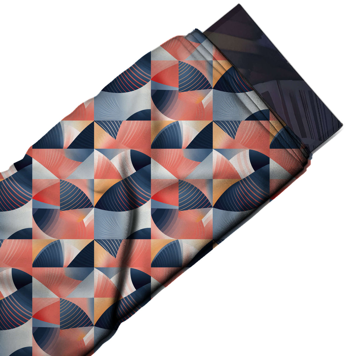 Flat fabric swatch: large-scale tiled geometric of curved sail and leaf segments on a, design Design No_4175, Clothwala