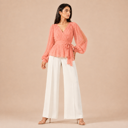 Coral Peach Solid Poly Chiffon Fabric — design 587AC-RSSC/DS-319, Clothwala
