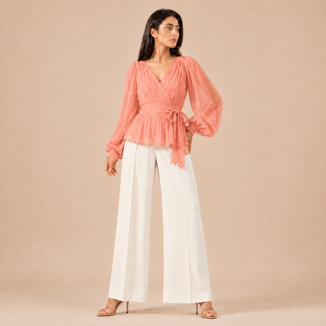Coral Peach Solid Poly Chiffon Fabric — design 587AC-RSSC/DS-319, Clothwala