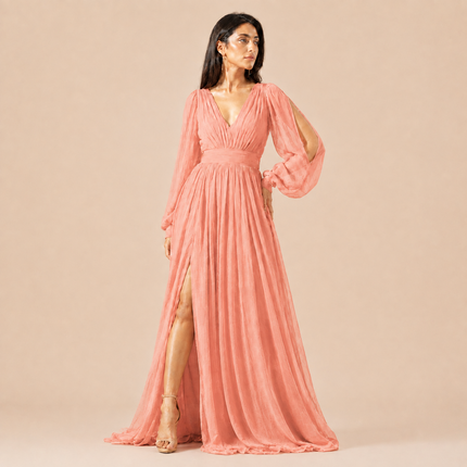 Coral Peach Solid Poly Chiffon Fabric — design 587AC-RSSC/DS-319, Clothwala