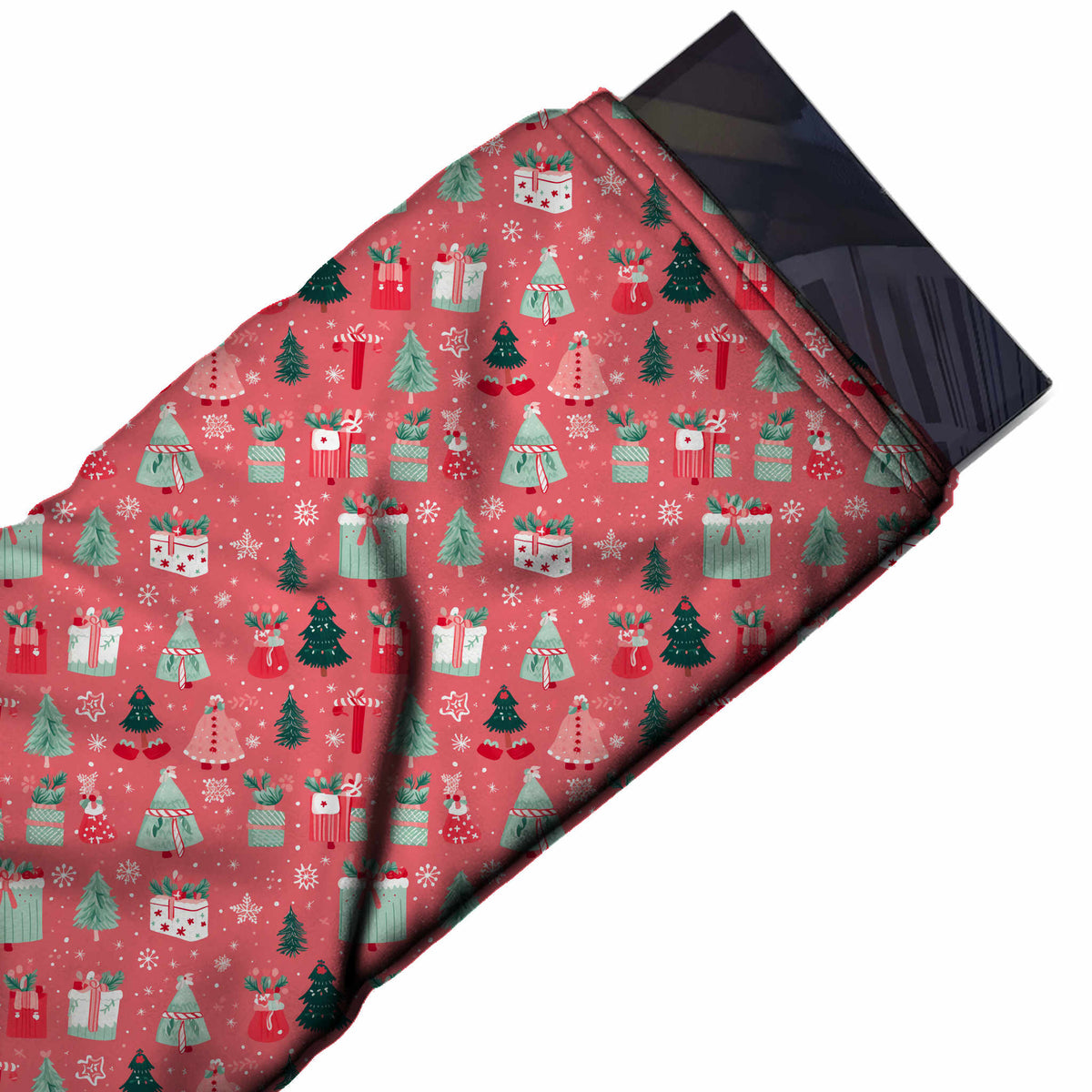 Flat fabric swatch: one-way print of small mint green and white gift boxes topped with, design Design No_4679, Clothwala