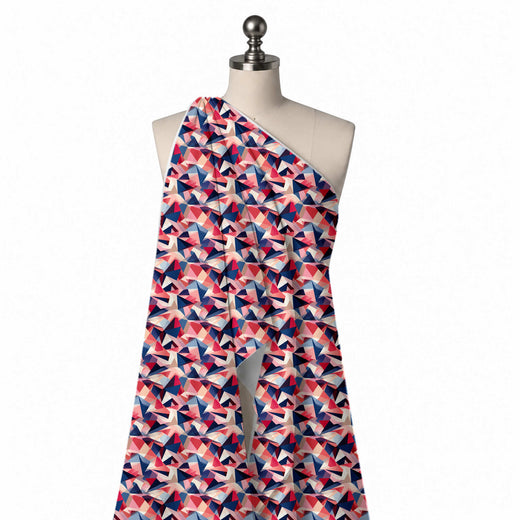 Coral Pink & Navy Blue Faceted Coral & Navy Shards Printed Moss Crepe Fabric